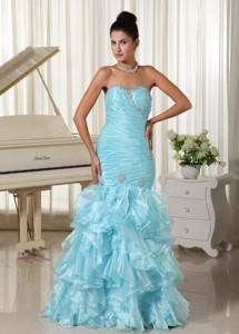Ruched Bodice And Ruffles Mermaid Baby Blue Prom Dress Sweetheart