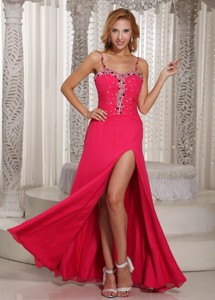 Wholesale High Slit Beaded Spaghetti Straps Coral Red Prom Dress Chiffon