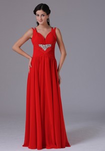 Stylish Red V-neck Beading and Ruch Prom Celebrity Dress With Floor-length In Alaska
