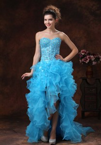 High-low Aqua Blue Prom Dress With Beaded Bodice And Ruffles In Jefferson City