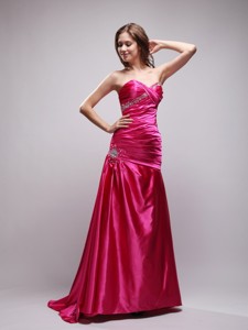 Hot Pink Beading and Ruch Prom Dress Column Sweetheart Brush Train