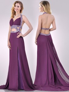 Gorgeous Cut Out Waist Halter Top Prom Dress with Brush Train