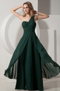 Dark Green One Shoulder Bridesmaid Dress Chiffon Ruch Floor-length