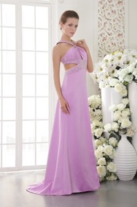 Lavender Column / Sheath Halter Brush /Sweep Train Satin Beading Prom / Evening Dress