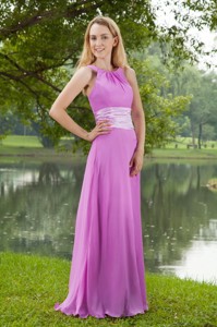 Lavender Empire Bateau Brush Train Chiffon Ruch Prom Dress