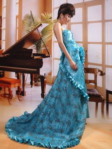 Aqua Blue Strapless Taffeta Court Train Prom Gowns Custom Made