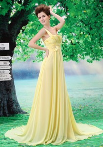 Light Yellow One Shoulder And Appliques Prom Dress In Bismarck With Hand Made Flowers