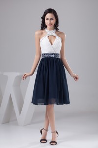 White and Navy Blue Halter Prom Cocktail Dress with Beading