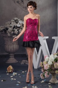 Hot Pink And Black Lace And Organza Mini-length Prom Dress
