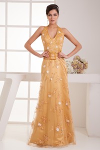 Gold Halter Top Floor-length Prom Dress for Girls with Beading