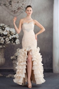 Champagne High Slit Prom Holiday Dress with Beading and Ruffled Layers