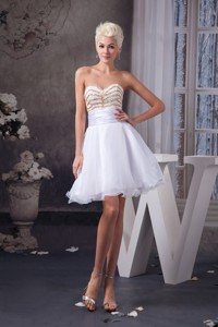 Beaded And Ruched White Organza Prom Dress Of Mini-length