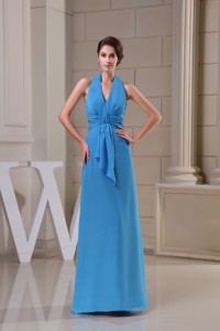 Popular Chiffon Halter Top Ankle-length Blue Prom Dress with Ruche