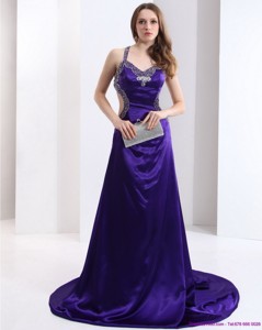 Luxurious Halter Top Purple Criss Cross Prom Dress With Court Train