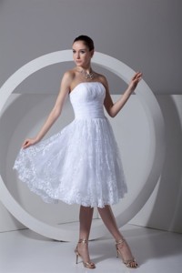 Strapless Tea-length Lace And Ruching Wedding Dress