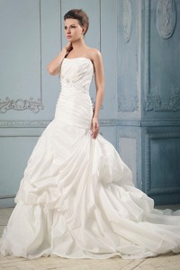 Custom Made Ball Gown Wedding Dress With Ruching And Beading Pick-ups Court Train