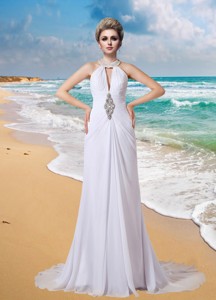 Elegant High Neck Beading Beach Wedding Dress with Court Train 