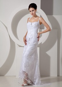Pretty Column Straps Brush Train Lace Beading Wedding Dress 