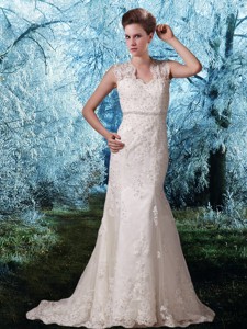 Lace Wide Straps Court Train Beading Open Back Wedding Dress 