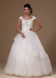 Scoop Short Sleves Appliques Floor-length Perfect Taffeta And Tulle Wedding Dress For Customi
