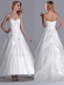 Popular A Line Brush Train Tulle Zipper Up Bridal Dress with Beading and Lace 