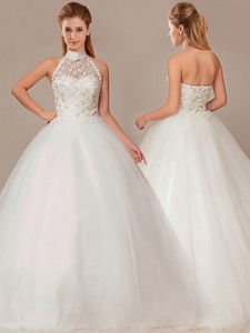 Fashionable Ball Gown High Neck Wedding Dress With Beading And Appliques