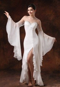 Bateau High Slit Long Sleeves And Beaded Wedding Dress