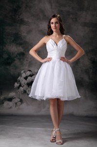 White Halter Mini-length Organza Ruch Prom Dress