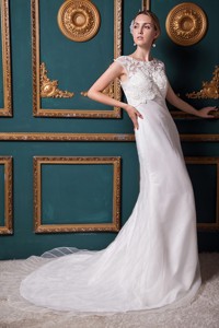 Beautiful Column Scoop Chapel Train Organza Lace Wedding Dress 