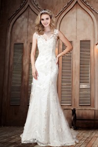 Sexy Lace Column V-neck Wedding Dress With Brush Train