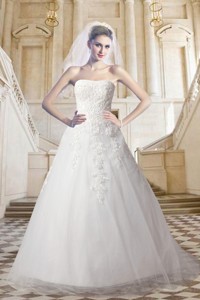 Classical Lace Strapless A Line Court Train Wedding Dress with Appliques 