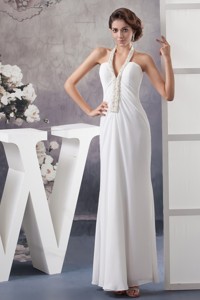 Halter V-neck White Chiffon Wedding Dress with Beading and Ankle-length 