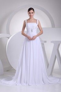 Straps Ruching And Beading Bridal Dress With Chapel Train