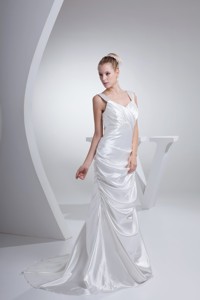 Wide Straps Ruching and Pick-ups Decorated Sweep Train Wedding Gown 