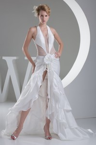 Halter Top High-low White Wedding Dress with Handmade Flower 