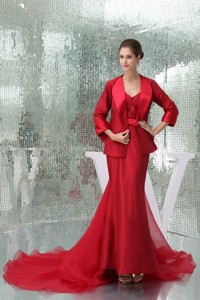 Ankle-length Sheath Sweetheart Bridal Gown in Red with Watteau Train and Sash 