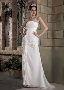 Elegant Column Strapless Brush Train Chiffon Ruch Wedding Dress 