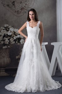 Straps Lace Brush Train Wedding Dress