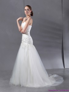 Ruffled White Wedding Dress With Sequins And Brush Train