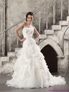 Pretty White Strapless Bridal Gowns With Brush Train And Ruffles