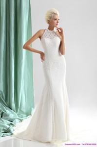 Unique White High Neck Lace Bridal Dress With Brush Train