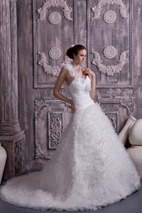 Customize Princess One Shoulder Court Train Tulle Beading Wedding Dress