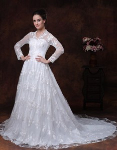 Lace Princess V-neck Court Train Wedding Dress Long Sleeves Zipper-up