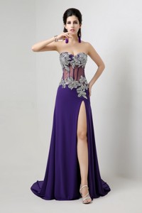 Popular Brush Train Prom Dress With Beading And High Slit