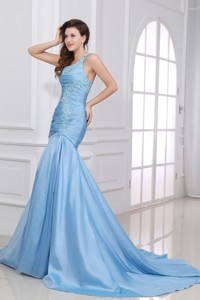 Blue Sweetheart Taffeta Prom Dress With Appliques Brush Train