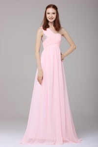 Empire One Shoulder Chiffon Beading Brush Train Prom Dress in Baby Pink