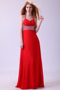 Empire Halter Beading Red Chiffon Floor-length Prom Dress