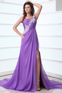 Purple Empire One Shoulder Brush Train Chiffon Appliques Prom Dress