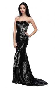 Mermaid Black Strapless Sequins Brush Train Prom Dress