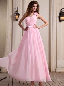 Baby Pink One Shoulder Prom Dress With Hand Made Flower Ankle-length Chiffon For Party